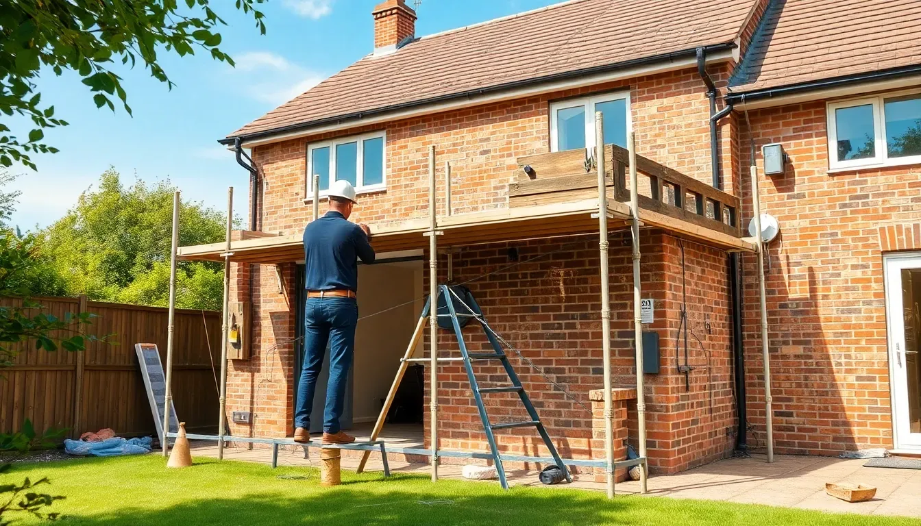 Partly-built brick house extension with scaffolding in a UK back garden