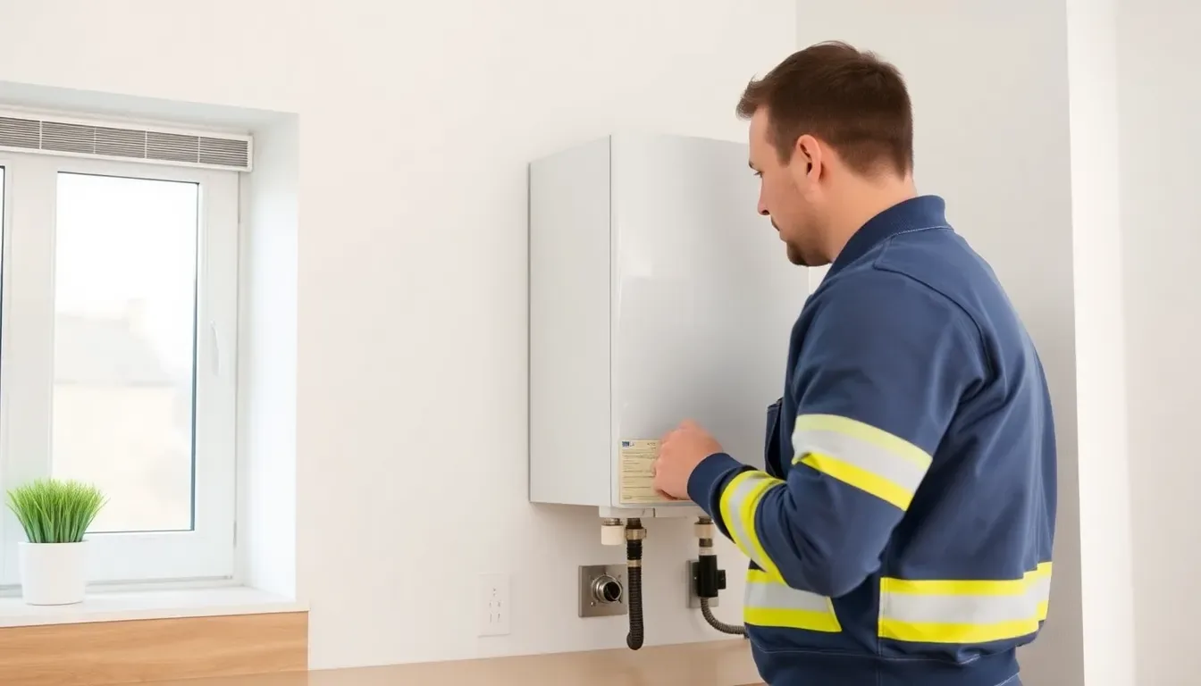 Gas Safe heating engineer fitting a new combi boiler in a UK kitchen