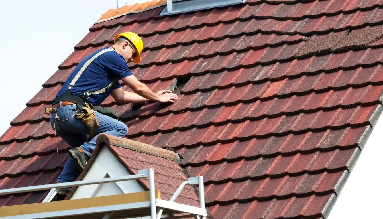 UK roofer replacing tiles on a pitched roof with scaffolding in place